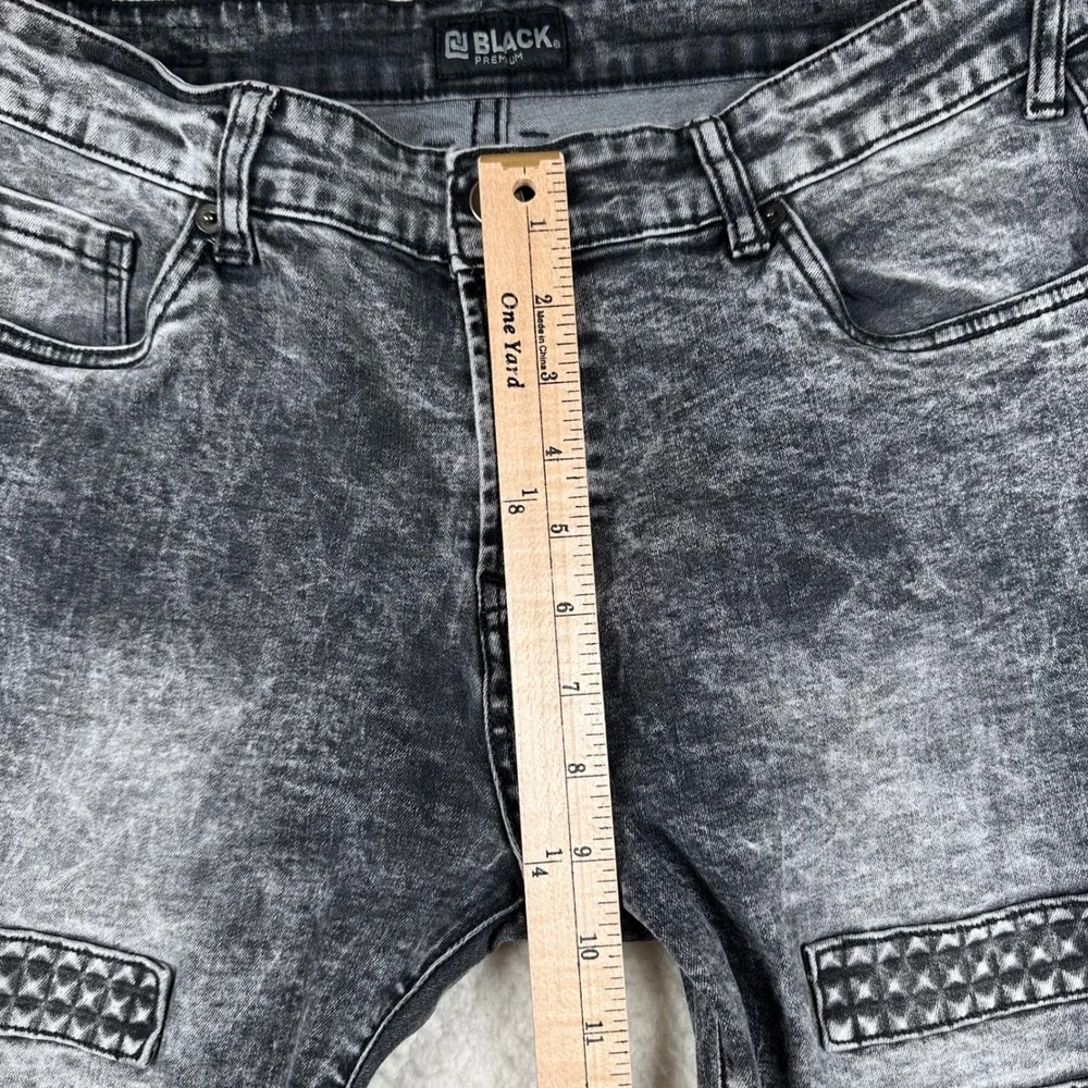 Black Premium Moto Skinny Flex Jeans Men 34x32 Acid Wash Biker Ribbed Streetwear